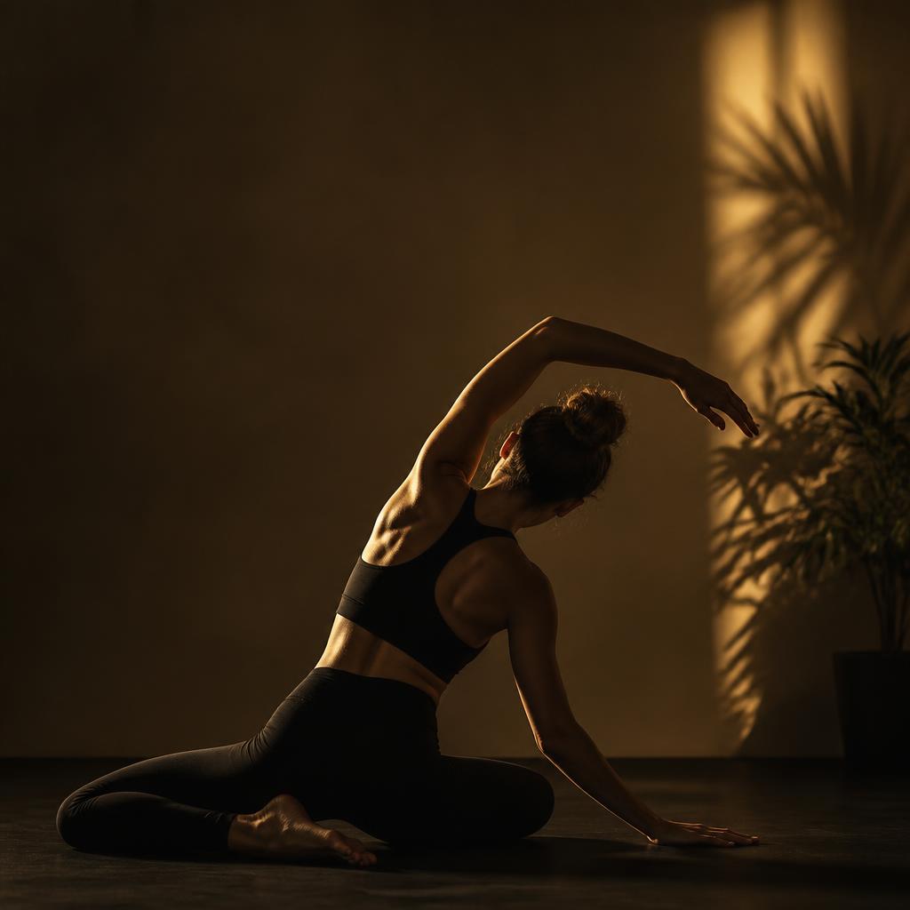 Persona in movimento consapevole nella luce calda dello studio