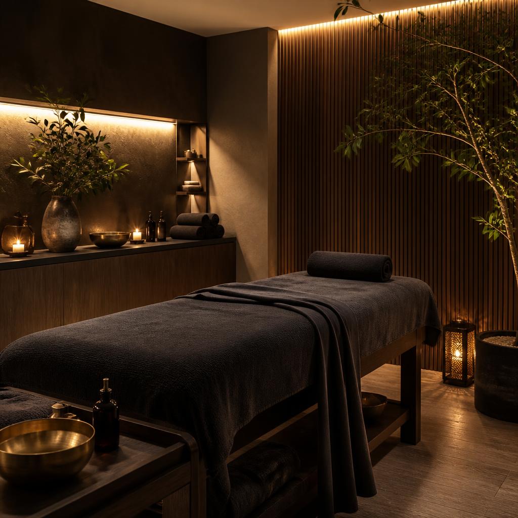 La sala trattamenti del wellness studio, con lettino, legno e luce calda